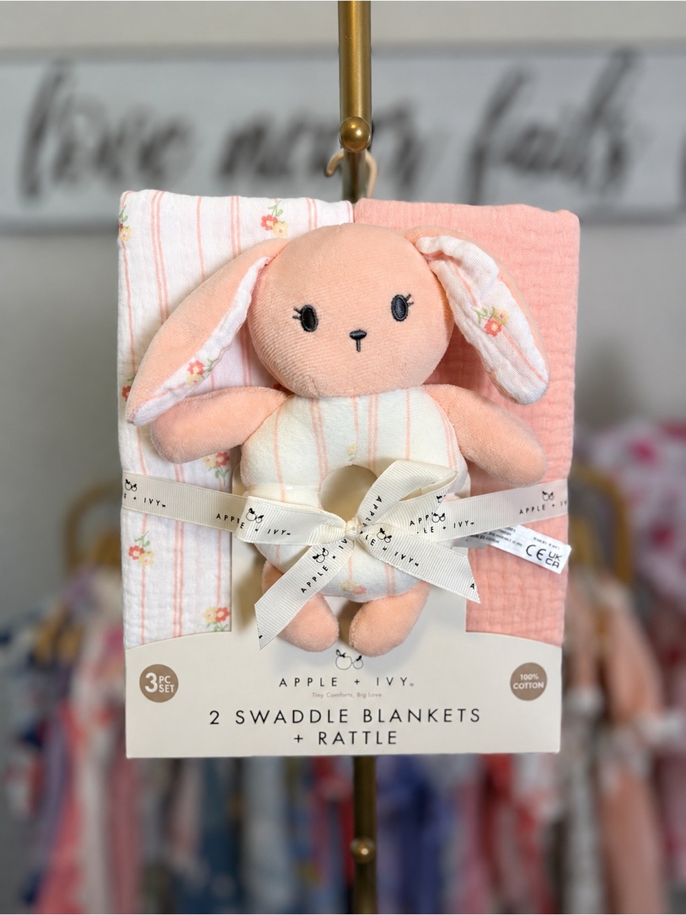 Pink Bunny Rattle with Pink & Floral Swaddle Blanket Set